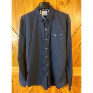 Craft + Flow Long Sleeve Button Up Shirt Navy Front Pocket Size Large (5836)